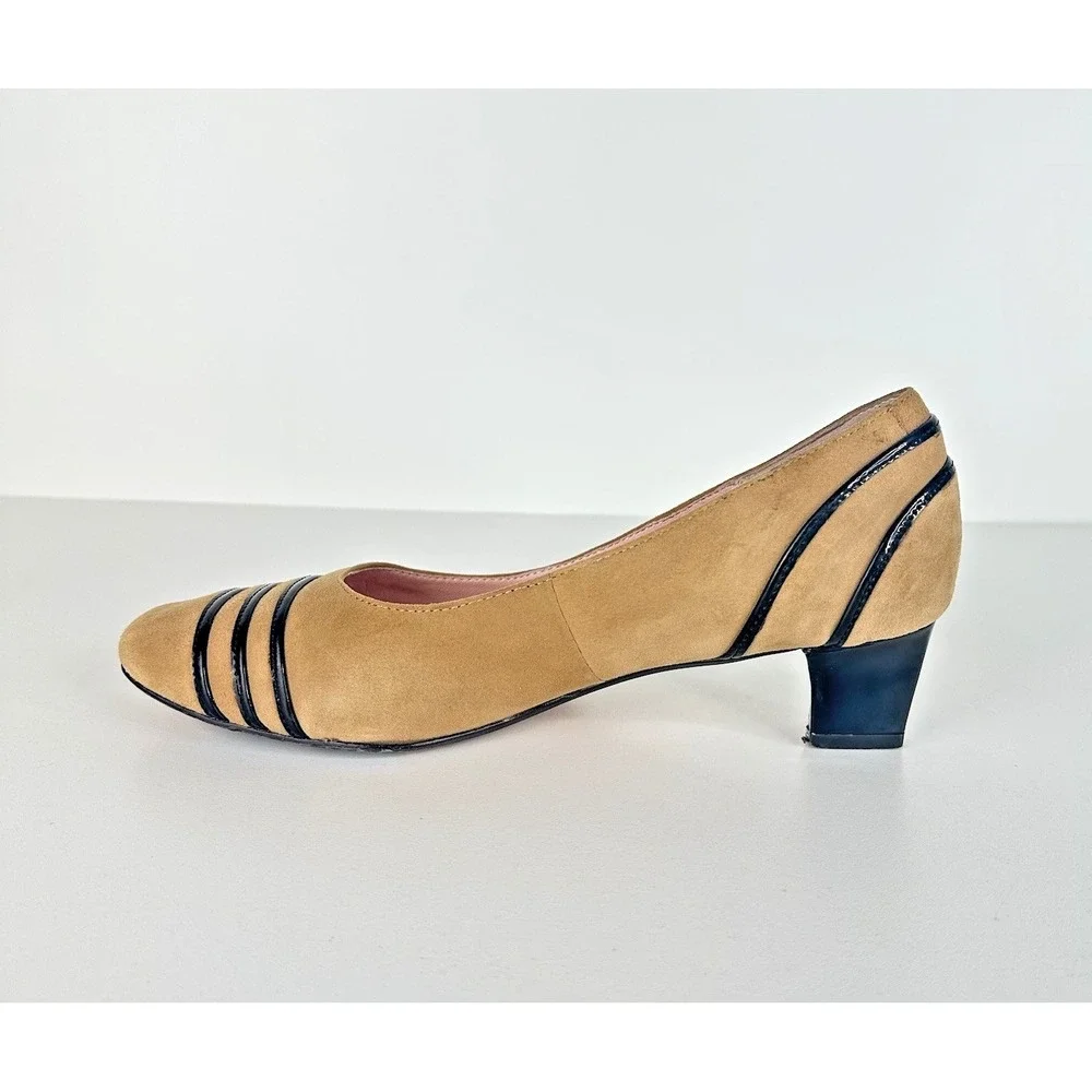 Taryn Rose Womens 7.5 M Chari Suede Leather Pump Patent Heel Beige Tan Round Toe